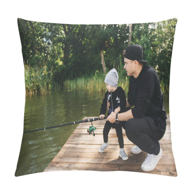 Personality  Father And Cute One-year-old Son Fishing With A Fishing Rod In Nature. The Concept Of Rural Getaway. Article About Fishing Day. Pillow Covers