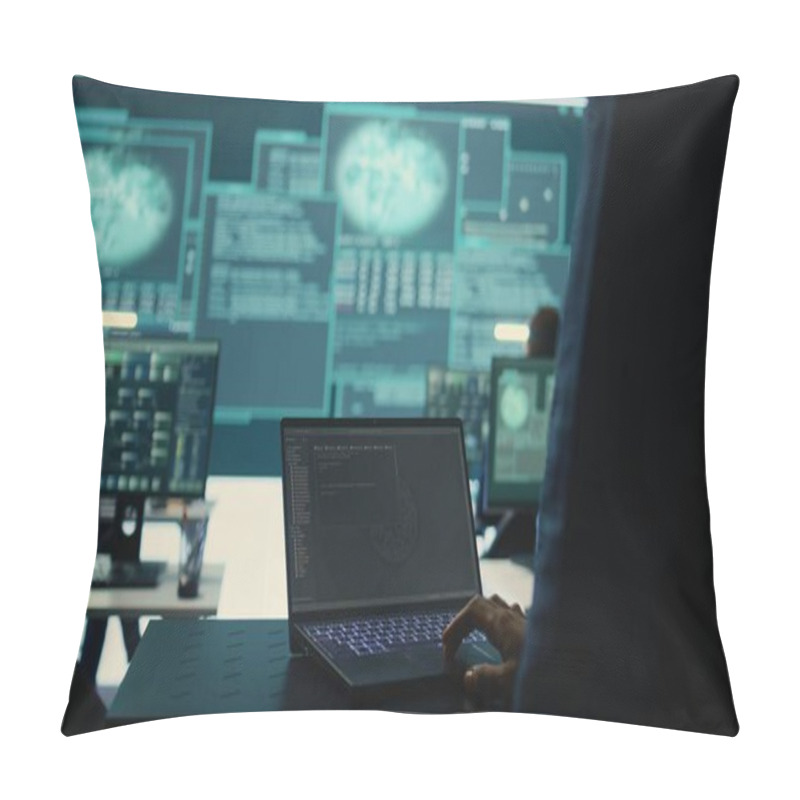 Personality  Governmental Hackers At Work Monitoring Cyber Threats In High Tech Agency, Implementing Cybersecurity Measures. IT Expert Focuses The Importance Of Online Privacy And Malware Protection. Camera B. Pillow Covers