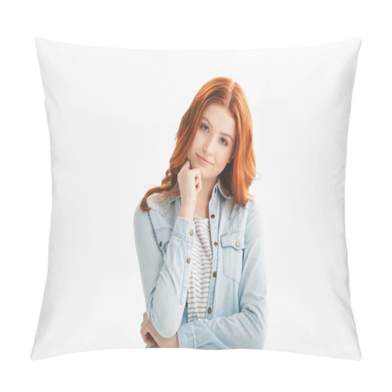 Personality  Smiling Redhead Teen Girl Thinking In Denim Clothes, Isolated On White Pillow Covers