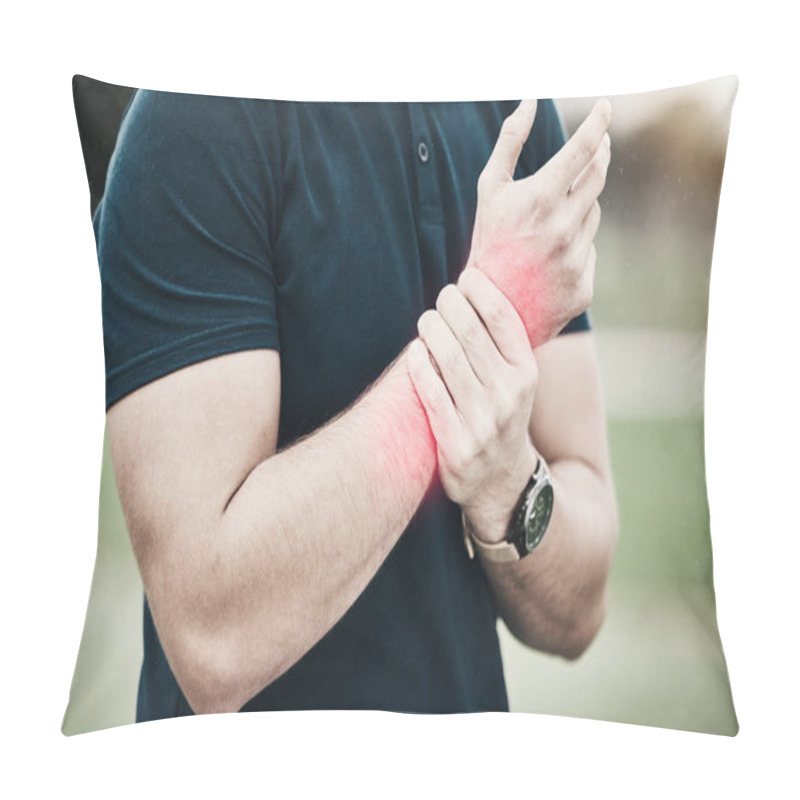 Personality  Sport, Injury And Golf, Man With Wrist Pain During Game On Course, Massage And Outdoor Relief In Health And Wellness. Green, Hands On Arm In Support And Golfer With Ache From Swing In Golfing Workout. Pillow Covers