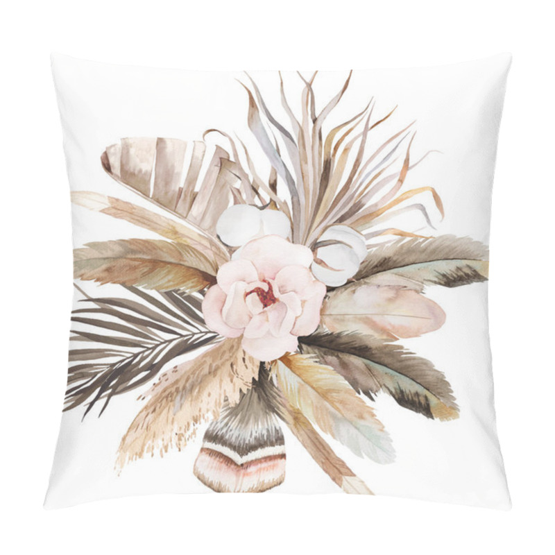 Personality  Watercolor Bohemian Bouquet With Feathers, Tropical Flowers, Dried Palm Leaves And Pampas Grass Illustration, Copy Space. Arrangement For Wedding Design Pillow Covers