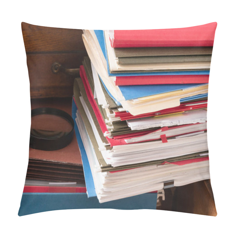 Personality  Stack Of File Folders And Magnifying Glass On An Antique Cabinet Drawer.  Pillow Covers