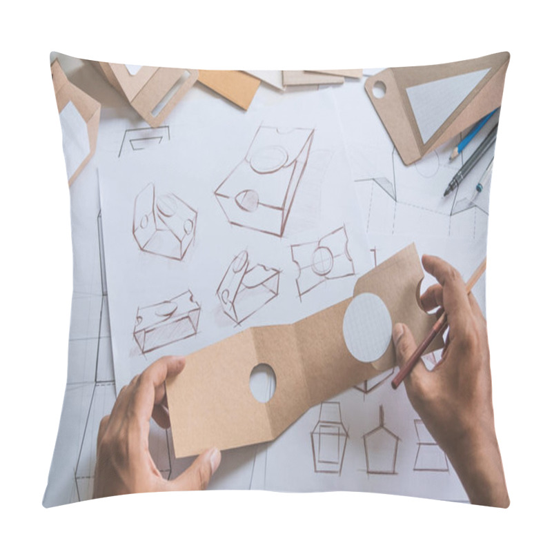 Personality  Designer Sketching Drawing Design Brown Craft Cardboard Paper Product Eco Packaging Mockup Box Development Template Package Branding Label . Designer Studio Concept . Pillow Covers