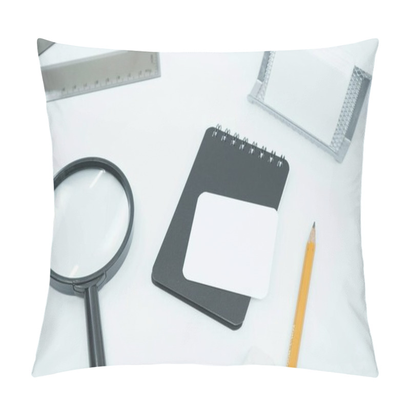 Personality  A Minimalist Workspace Featuring A Notepad, Magnifying Glass, And Blank Cards. Pillow Covers