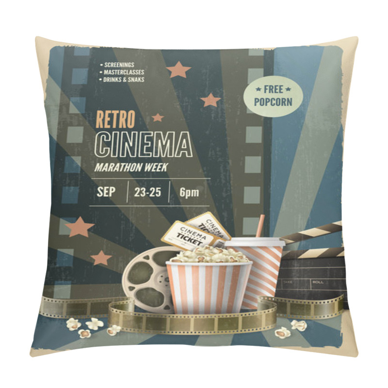 Personality  Retro Cinema Marathon Week Vertical Poster With Bucket Of Popcorn And Tickets Realistic Vector Illustration Pillow Covers