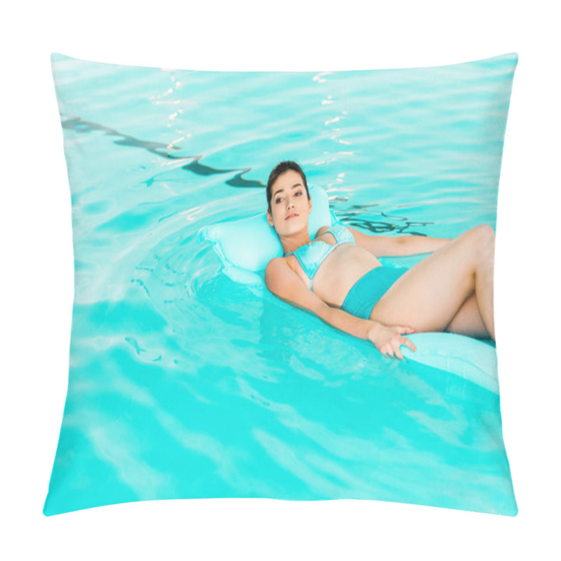 Personality  Beautiful Woman Swimming On Floating Mattress In Swimming Pool Pillow Covers