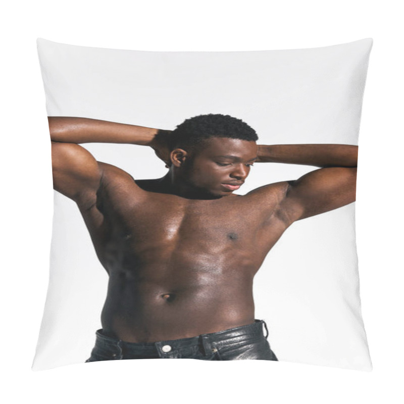 Personality  A Young Handsome African American Man Poses Topless, Flexing His Biceps And Exuding Confidence. The Neutral Background Highlights His Physique And The Simplicity Of The Moment. Pillow Covers