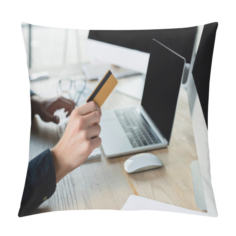 Personality  Cropped View Of Programmer Holding Credit Card Near Computers With Blank Screen In Office  Pillow Covers