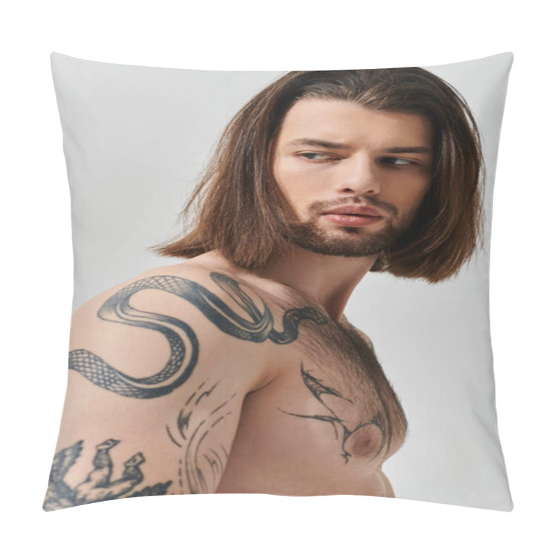 Personality  Handsome Man With Long Hair Showcasing A Tattoo On His Arm. Pillow Covers