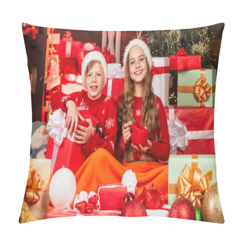 Personality  Children Little Happy Girl And Boy Find Gifts Near Christmas Tree. Merry Christmas. Discover Beauty Of Winter. Hot Cocoa. Gifts Shop. Kid Santa Hat Christmas Gift Boxes. Leisure And Pleasant Relax Pillow Covers