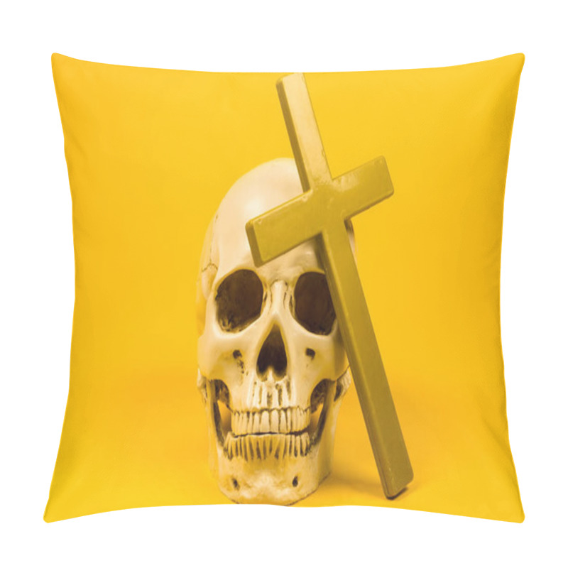 Personality  This Striking Image Of A Skull Adorned With A Cross Against A Vibrant Yellow Backdrop Encapsulates The Juxtaposition Of Mortality And Spirituality, Making It Perfect For Artistic Projects. Pillow Covers