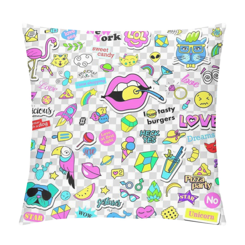 Personality  Fashion Quirky Cartoon Doodle Patch Badges With Cute Elements. Isolated Vector On Transparent Background. Set Of Stickers, Pins, Patches In Comic Style 80s 90s. Pillow Covers