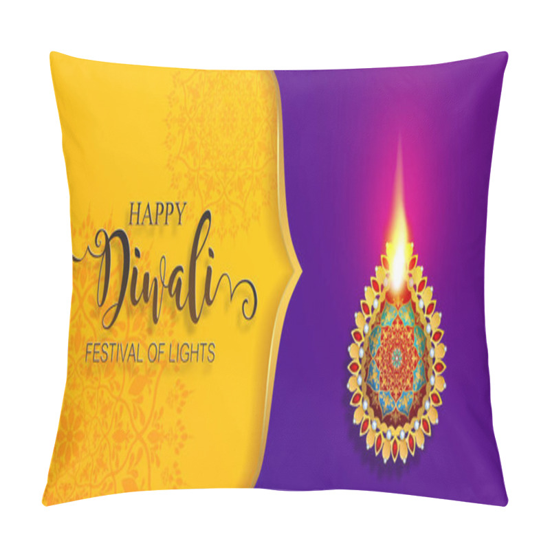 Personality  Happy Diwali Festival Card With Gold Diya Patterned And Crystals On Paper Color Background. Pillow Covers