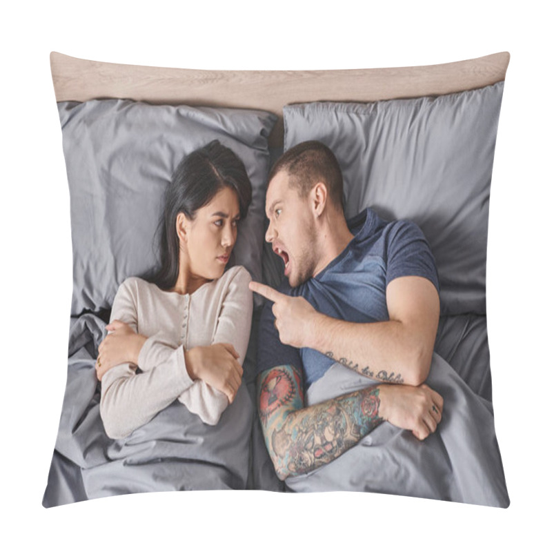 Personality  Top View Of Irritated Interracial Couple Lying Down On Bed Shouting And Quarreling At Each Other Pillow Covers