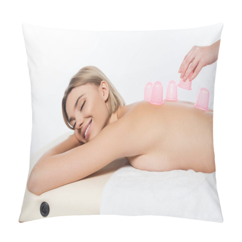 Personality  Masseuse Putting Pink Massage Cups On Back Of Cheerful Client On White Pillow Covers