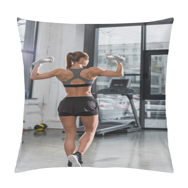 Personality  Back View Of Muscular Bodybuilder Posing With Silver Boxing Gloves In Gym Pillow Covers