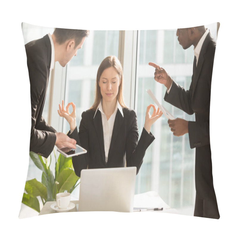 Personality  Beautiful Businesswoman Meditating At Workplace, Ignoring Work A Pillow Covers