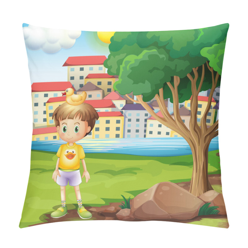 Personality  A Boy With A Rubber Duck Above His Head Standing Near The Tree Pillow Covers