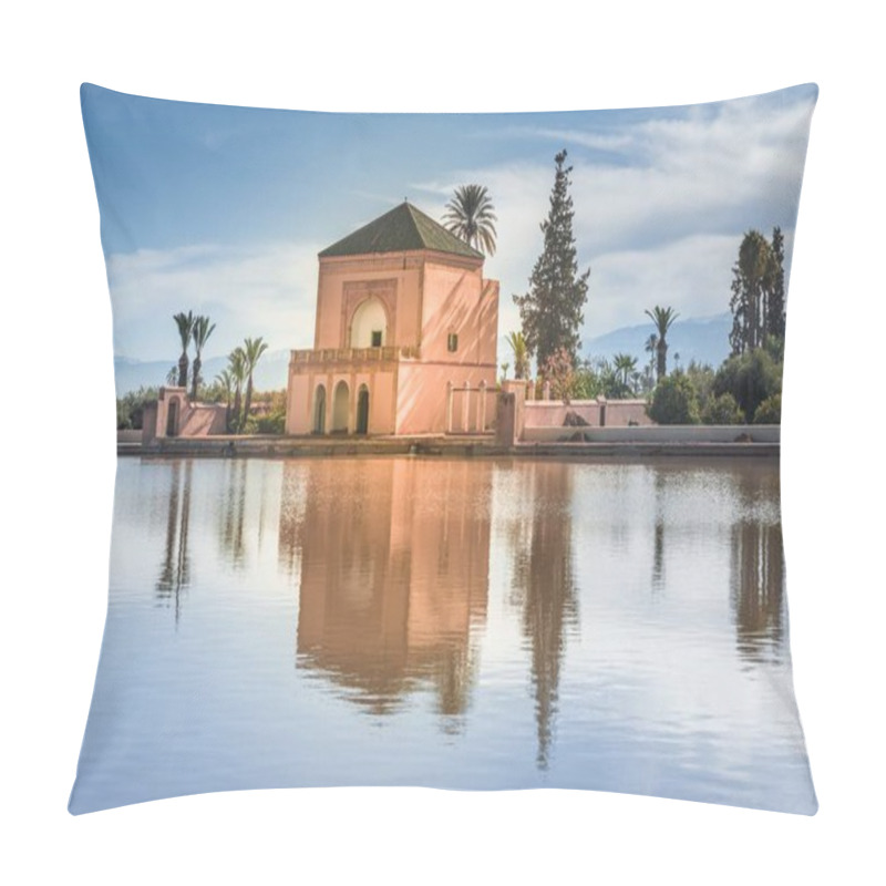 Personality  Ruins Of The Saadian Garden Pavilion With The Snow Capped Atlas Mountains In The Background And The Reflecting Pool In The Foreground, Menara Gardens, Marrakech, Morocco Pillow Covers