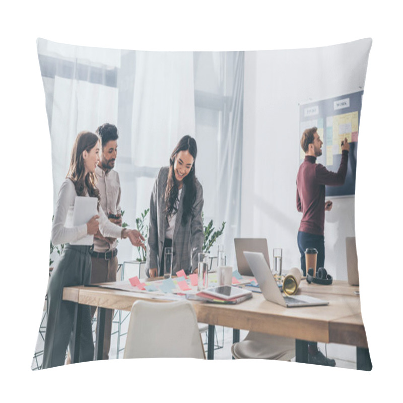 Personality  Cheerful Multicultural Businesswomen Near Businessman And Gadgets In Office  Pillow Covers