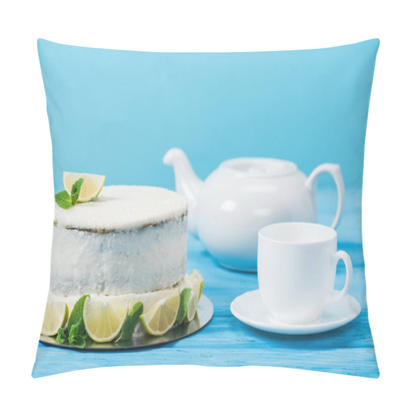 Personality  Cake Decorated With Slices Of Lime Near White Cup And Tea Pot Isolated On Blue Pillow Covers