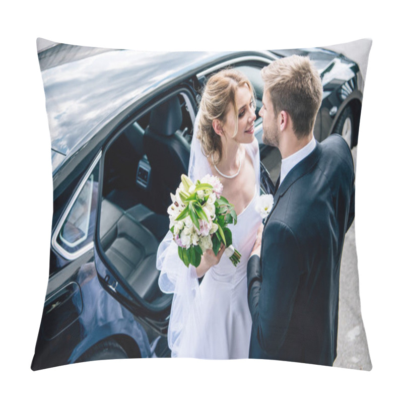 Personality  Bridegroom In Suit Kissing Attractive And Blonde Bride With Bouquet Pillow Covers