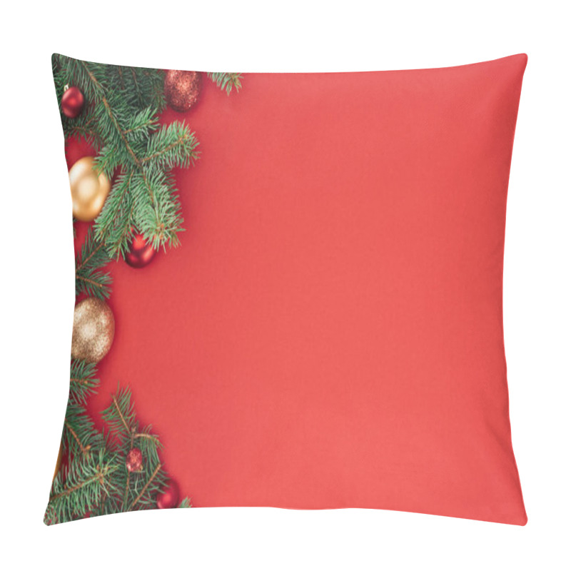 Personality  Flat Lay With Pine Tree Branches With Red And Golden Christmas Balls Isolated On Red Pillow Covers