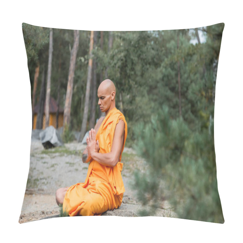 Personality  Buddhist Monk In Orange Robe Meditating With Closed Eyes In Lotus Pose Pillow Covers