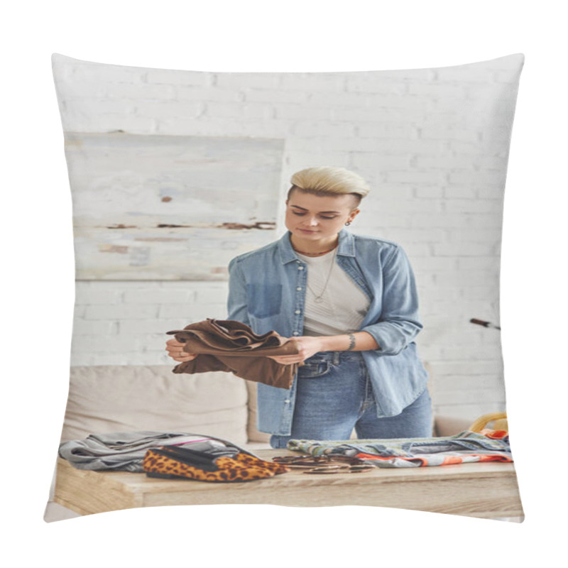 Personality  Young And Tattooed Woman In Casual Clothes, With Trendy Hairstyle Sorting Wardrobe Items On Table In Modern Living Room, Clothing Swap, Sustainable Living And Conscious Lifestyle Concept Pillow Covers