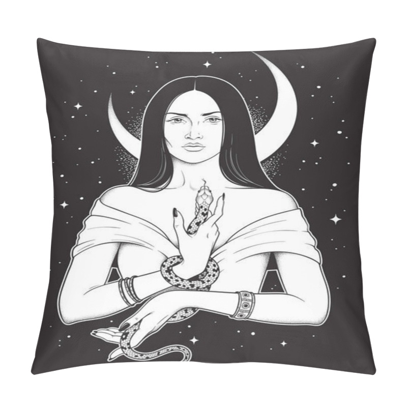 Personality  Beautiful Brunette Witch With Serpent In Her Hands And Crescent Moon Above Her Head Line Art And Dot Work. Boho Chic Tattoo, Poster, Tapestry Or Altar Veil Print Design Vector Illustration Pillow Covers