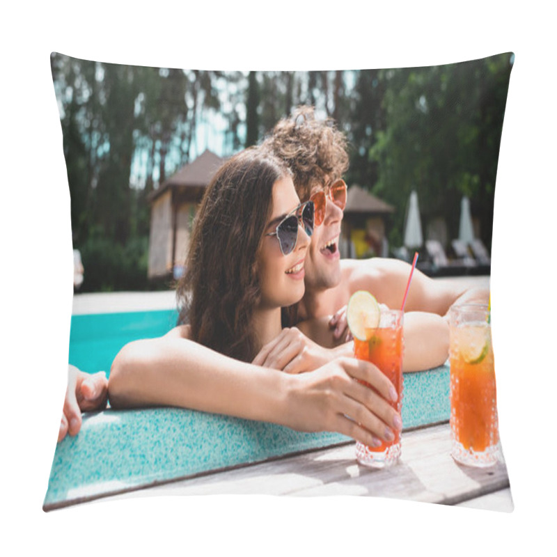 Personality  Happy Couple In Sunglasses Smiling Near Alcohol Cocktails  Pillow Covers