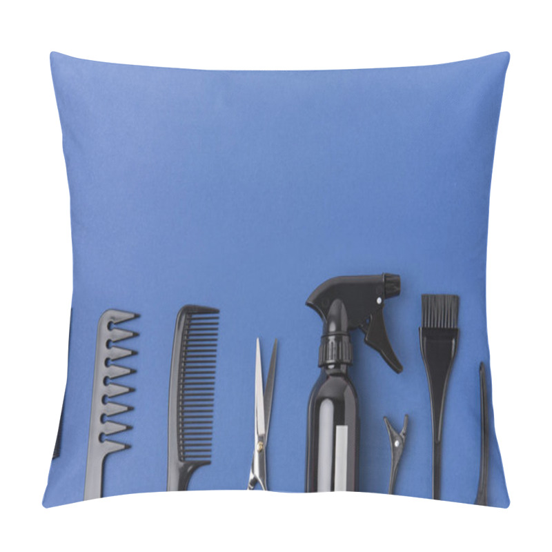 Personality  Flat Lay With Black Hairdressing Tools In Row, Isolated On Blue Pillow Covers