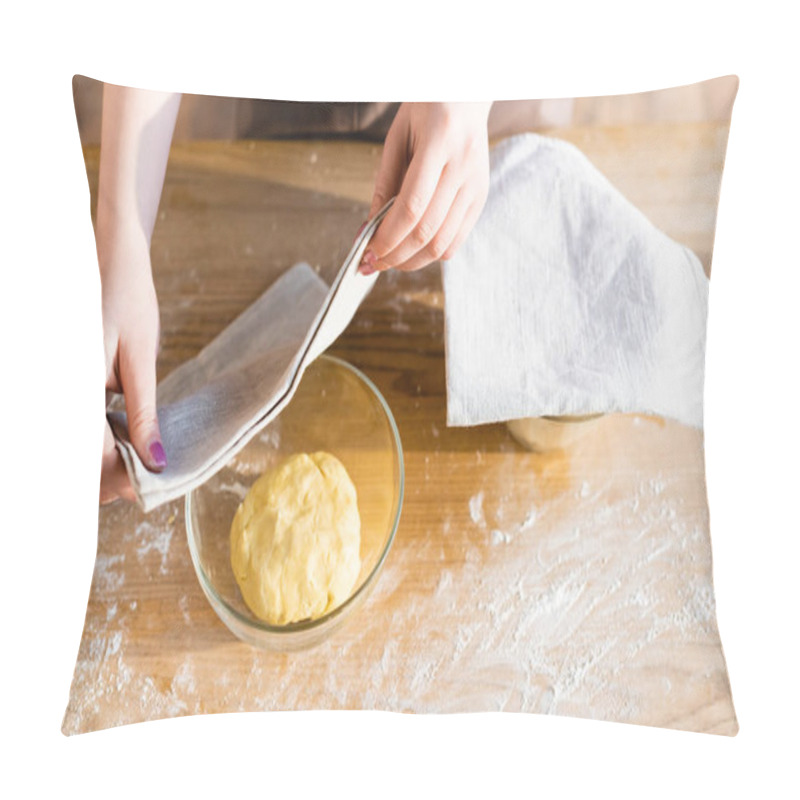 Personality  Top View Of Woman Covering Dough In Bowl With Towel Pillow Covers