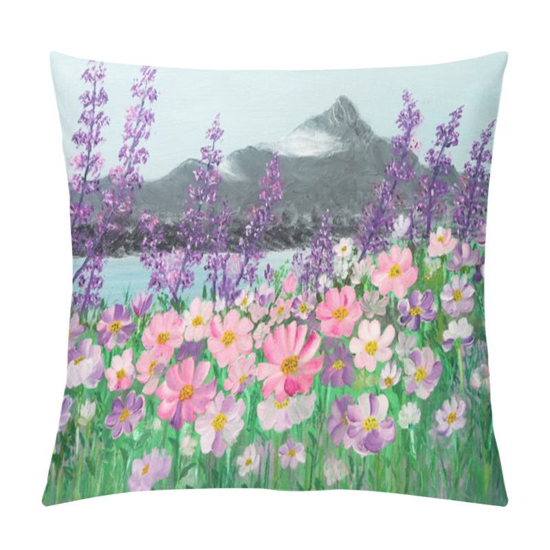 Personality  Oil Painting Of Field Of Pink And Purple Cosmos Daisies By Mountain Lake Pillow Covers