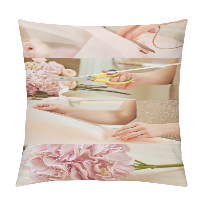 Personality  Collage Of Pink Flowers And Florist Holding Scissors While Cutting Ribbon  Pillow Covers