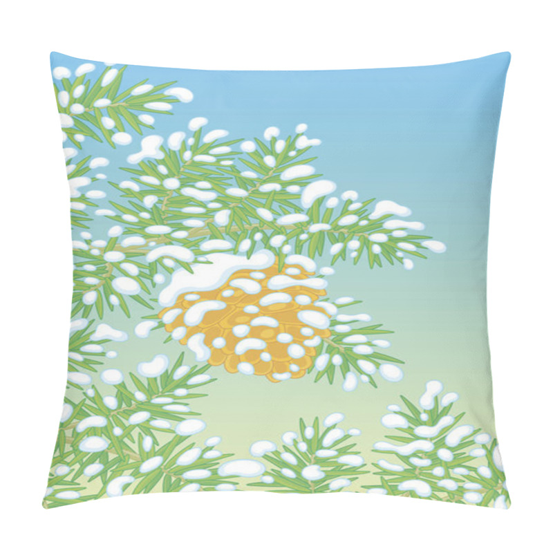 Personality  Big Brown Cone Hanging On A Snow-covered Green Prickly Fir-tree Branch On A Cold Winter Day, Vector Cartoon Illustration Pillow Covers