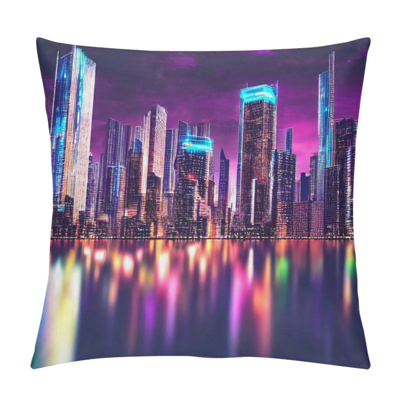 Personality  Night City, Neon Lights Of The Metropolis. Reflection Of Neon Lights In The Water. Modern Fantasy City With High-rise Buildings. City On The Ocean. 3d Illustration Pillow Covers