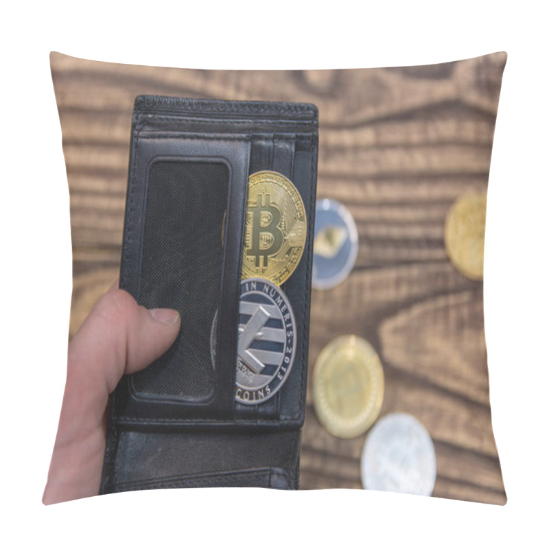 Personality   Bitcoins, Litecoin And Ethereum In Black Leather Wallet Holding With Mans Hand On Old Wooden Table Pillow Covers