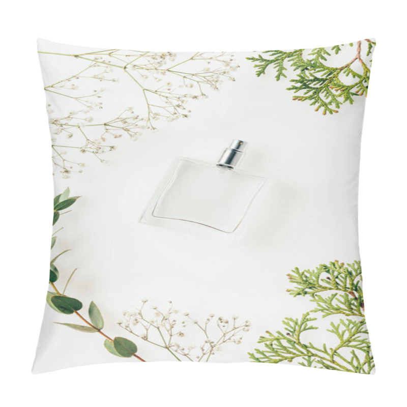 Personality  Top View Of Bottle Of Perfume With Green Branches And Flowers On White Pillow Covers