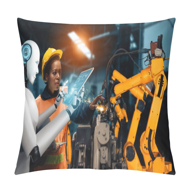 Personality  XAI Mechanized Industry Robot And Human Worker Working Together In Future Factory. Concept Of Artificial Intelligence For Industrial Revolution And Automation Manufacturing Process. Pillow Covers