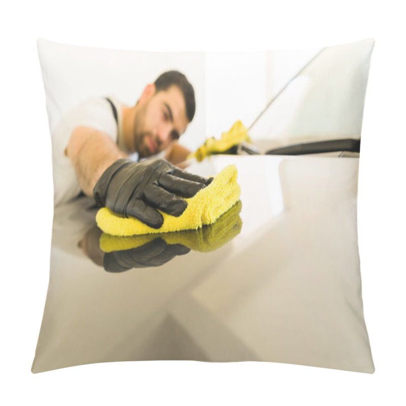 Personality  Young Male Professional Car Wash Worker Using The Microfiber And Wiping Customer Car Bonnet Pillow Covers