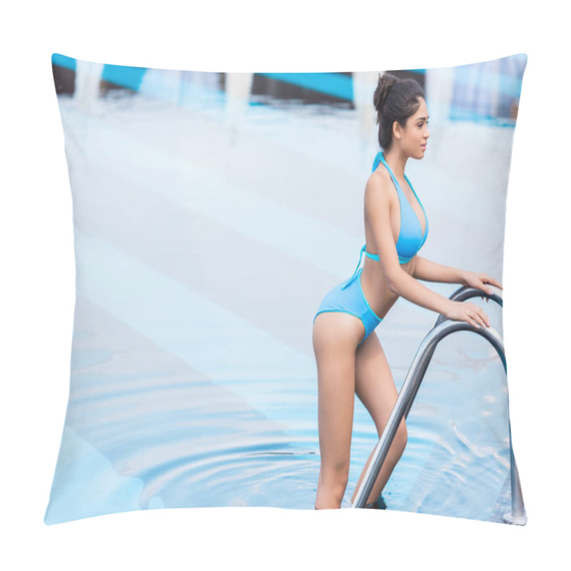 Personality  Beautiful Girl In Blue Bikini Standing On Ladder In Swimming Pool Pillow Covers