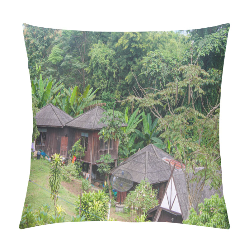 Personality  Traditional Wooden Houses With Thatched Roofs Nestled In Lush Tropical Vegetation Of Mae Hong Son, Featuring Banana Trees And Hillside Setting In Northern Thailand Pillow Covers