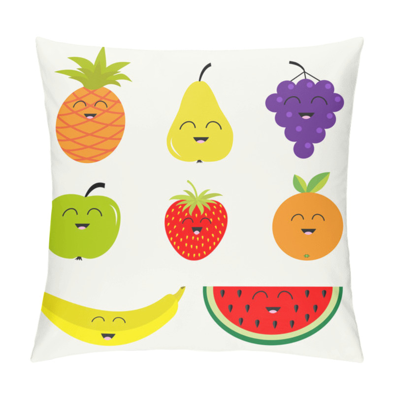 Personality  Fruits And Berries Set.  Cartoon Character Face. Banana, Cherry, Strawberry, Orange, Pineapple, Grape, Lemon, Cherry, Mellon, Watermellon, Blueberry, Pear, Raspberry, Apple, Slice.  Isolated. Flat Design Pillow Covers