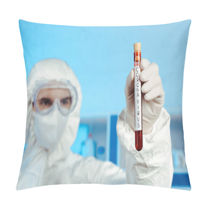 Personality  Selective Focus Of Scientist In Hazmat Suit, Medical Mask And Goggles Holding Test Tube With Coronavirus Lettering  Pillow Covers