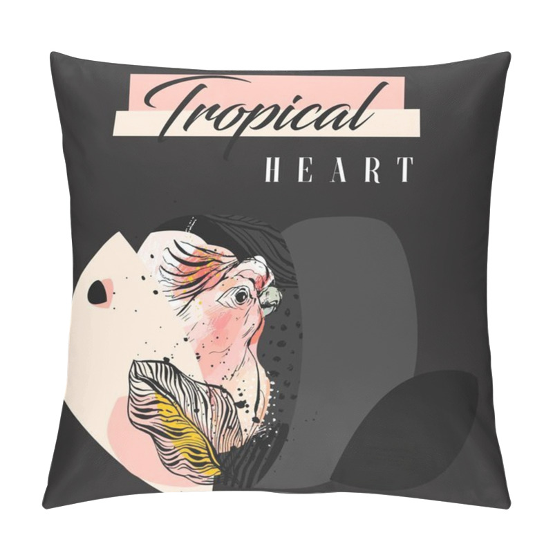 Personality  Hand Drawn Vector Abstract Creative Tropical Parrot Collage With Freehand Organic Texture And Tropical Heart Modern Calligraphy In Pastel Colors Isolated On Black Pillow Covers