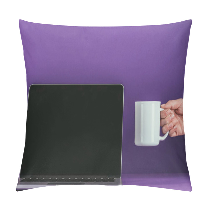 Personality  Cropped Shot Of Woman Golding Mug Of Coffee Near Laptop On Purple Surface Pillow Covers