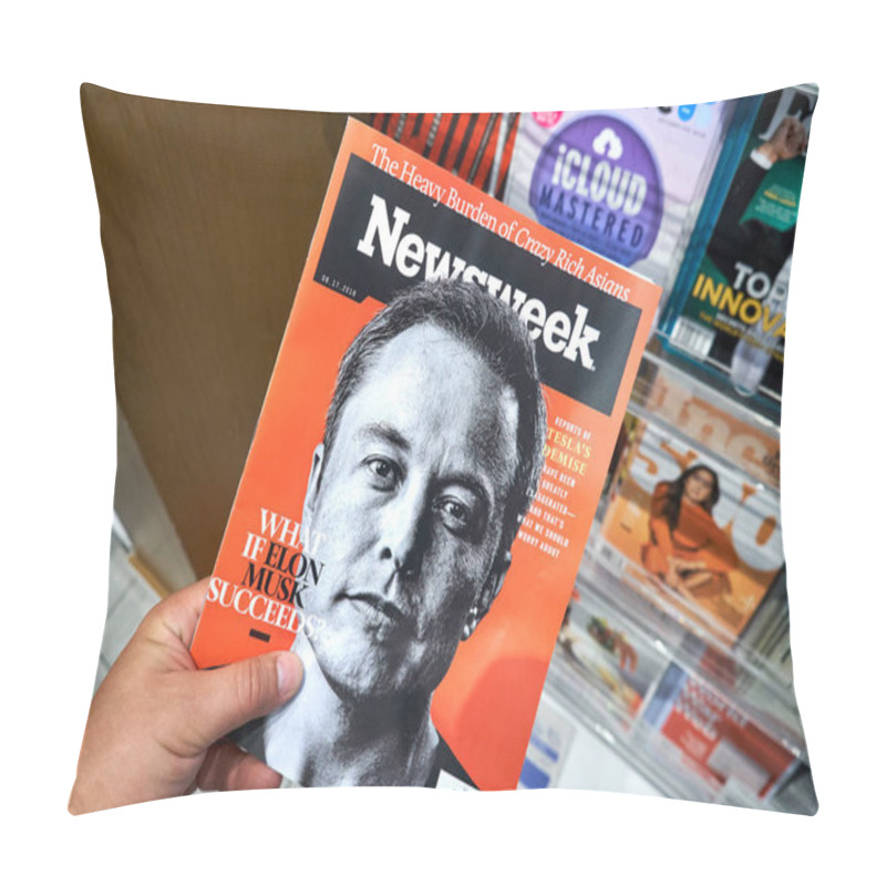 Personality  MIAMI, USA - AUGUST 23, 2018: Newsweek Magazine With Elon Musk On Main Page In A Hand. Newsweek Is An American Famous And Popular Weekly Magazine Pillow Covers