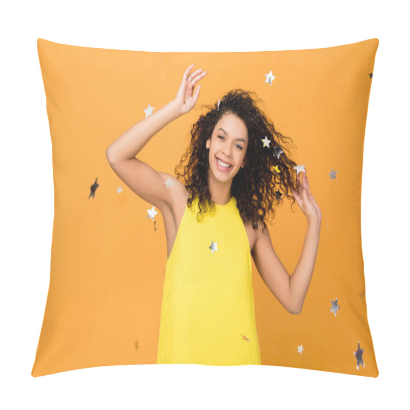 Personality  Happy Curly African American Woman Smiling Near Shiny Confetti Stars On Orange  Pillow Covers