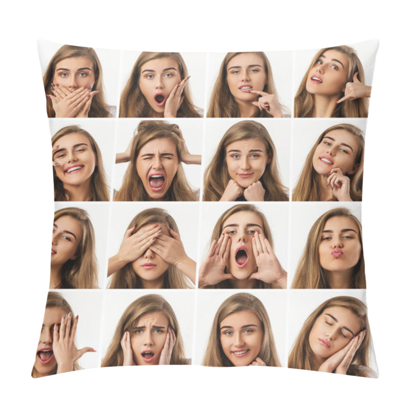 Personality  Collage Of Portraits Of Woman With Different Emotions Pillow Covers